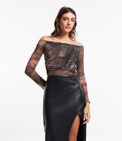 Blusa Ombro a Ombro em Tule com Estampa Abstrata - 1