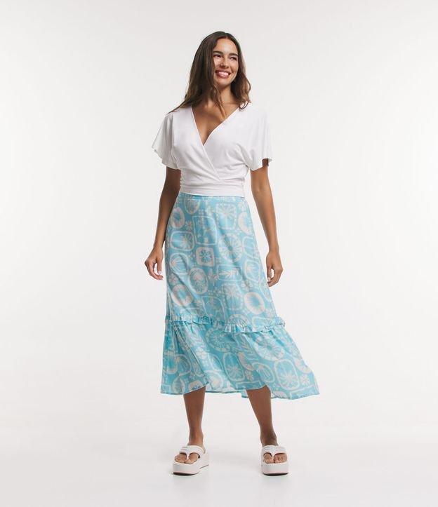 Saia Midi em Viscose com Babado e Estampa Tropical - 1
