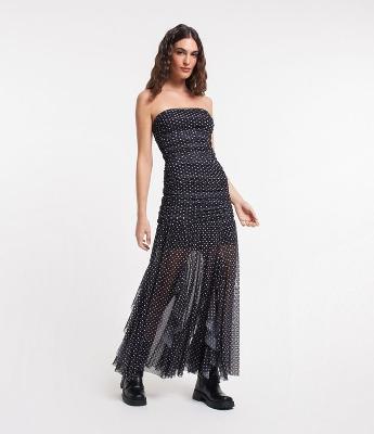 Vestido New Midi em Tule Poá com Drapeado e Babados