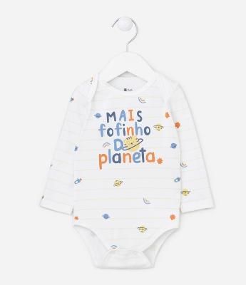 Body Longo Infantil com Estampa com Lettering e Planetas - Tam RN a 18 meses