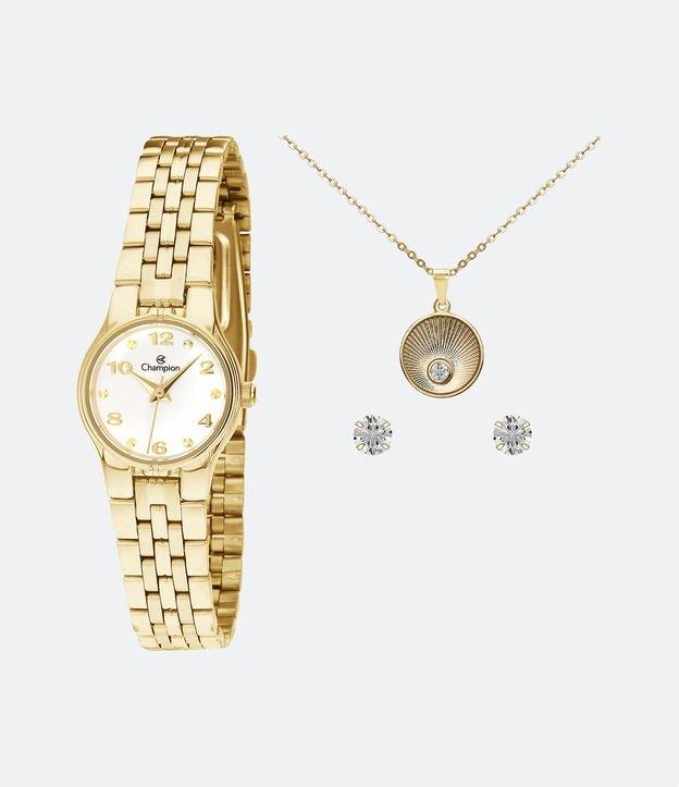 Kit Relógio Champion Analógico com Pulseira e Caixa em Aço Dourado CH25141W - 1