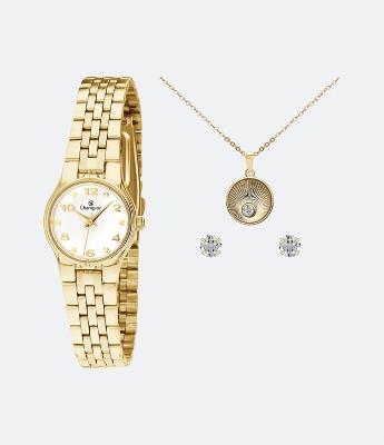 Kit Relógio Champion Analógico com Pulseira e Caixa em Aço Dourado CH25141W