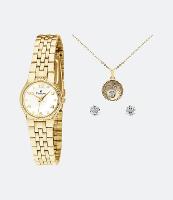 Kit Relógio Champion Analógico com Pulseira e Caixa em Aço Dourado CH25141W - 1