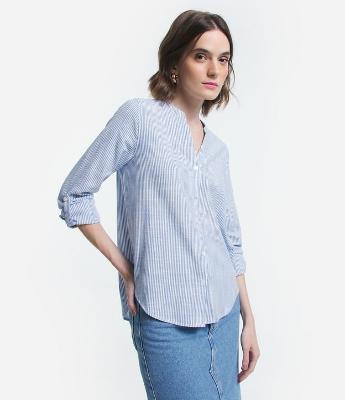 Camisa Manga Longa em Viscolinho Listrado com Fio Tinto