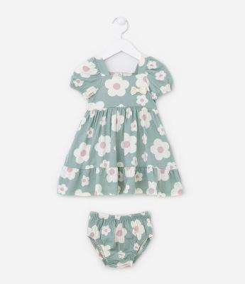 Vestido Infantil com Manga Bufante e Calcinha - Tam 0 a 18 meses