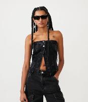 Blusa Tomara que Caia em Jeans com Abotoamento e Lastex - 1