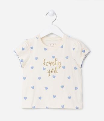 Blusa Manga Curta Infantil com Estampa de Corações - Tam 1 a 5 anos