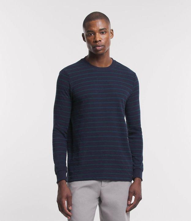 Camiseta Regular em Algodão Texturizado e Estampa de Listras - 1
