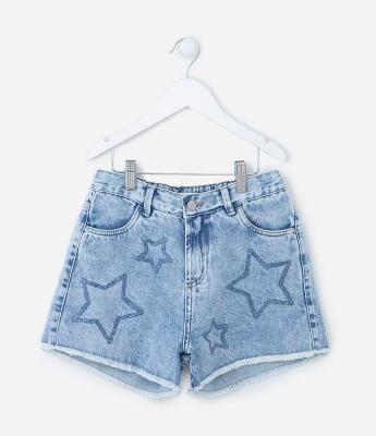 Short Cintura Alta em Jeans com Bordado de Estrelas em Paetês - Tam 5 a 14 anos