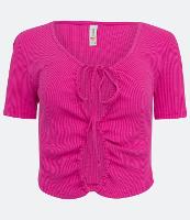 Blusa Cropped em Ribana com Manga Curta e Vazado com Amarração - 1