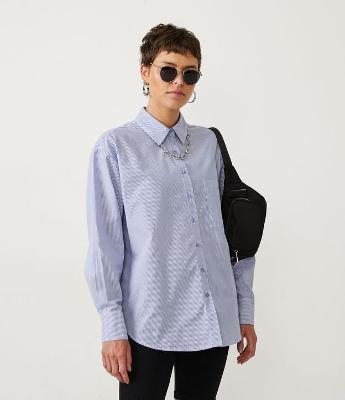 Camisa Alongada em Tricoline Listrado com Manga Longa
