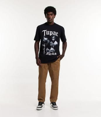 Calça Loose em Sarja com Cós Elástico e Bolso Amplo