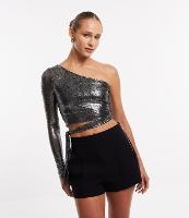 Blusa Cropped em Meia Malha Metalizada com Um Ombro Só e Lacinho - 1