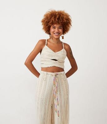 Blusa Cropped de Alças Cruzadas em Algodão com Listras Contrastantes