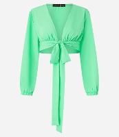 Blusinha Cropped em Crepe com Decote V e Laço na Cintura - 2