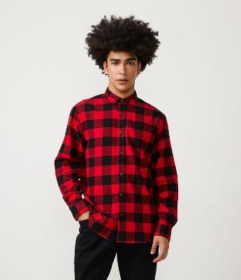 Camisa Regular em Algodão Xadrez e Manga Longa