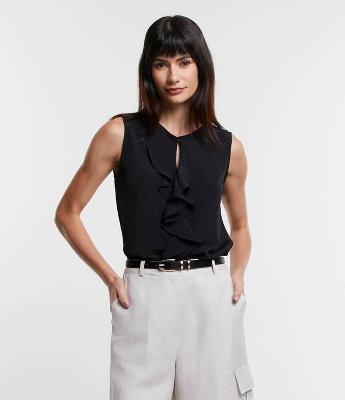 Blusa Sem Manga em Chiffon com Babado Jabô na Gola