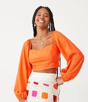 Blusa Cropped em Linho com Manga Bufante e Lastex nas Costas - 1