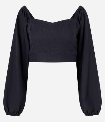 Blusa Cropped em Linho com Manga Bufante e Lastex nas Costas