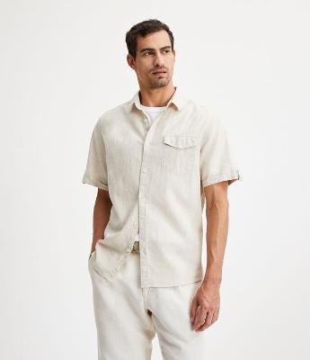 Camisa Comfort em Linho com Bolso e Dobra na Manga