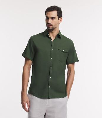 Camisa Comfort em Linho com Bolso e Dobra na Manga
