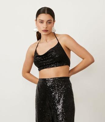 Blusa Cropped Sem Manga em Paetê com Amarração