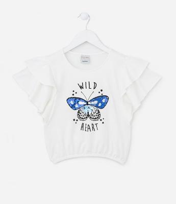 Blusa Cropped Infantil Texturizada com Borboleta em Paetês - Tam 5 a 14 Anos