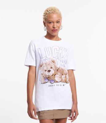 Camiseta Alongada em Meia Malha com Estampa Ursinho