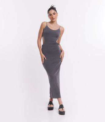Vestido Midi em Ribana Lavado com Aberturas Laterais