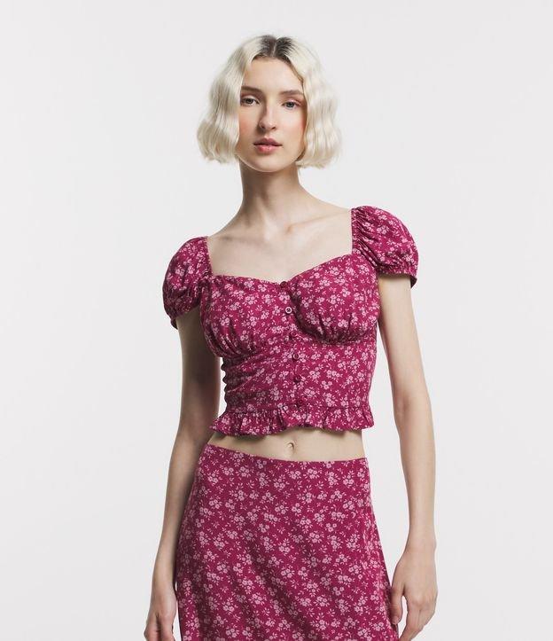 Blusa Cropped em Viscose Floral Liberty e Manga Curta Bufante - 1