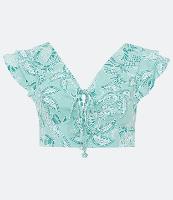 Blusa Cropped em Linho com Estampa Tropical e Babados - 1