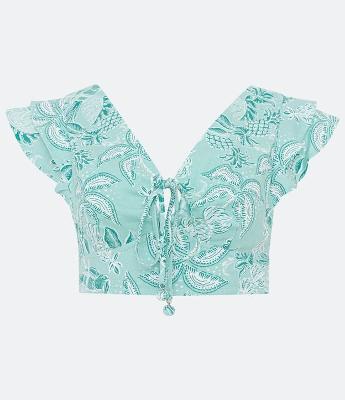 Blusa Cropped em Linho com Estampa Tropical e Babados