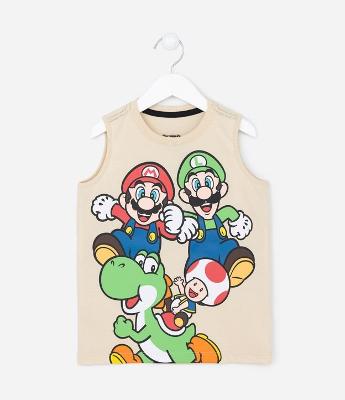 Regata Infantil em Meia Malha com Estampa do Mario Bros - Tam 3 a 10 anos