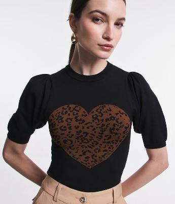 Blusa Manga Bufante em Tricô com Coração de Onça
