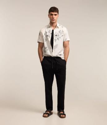 Calça em Algodão com Textura e Amarração na Cintura