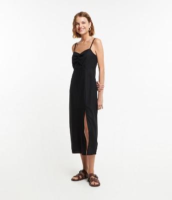 Vestido Midi em Linho com Franzido no Busto e Fenda