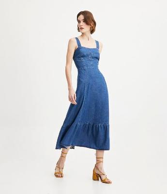 Vestido Midi Jeans com Alça Média e Recorte Vazado