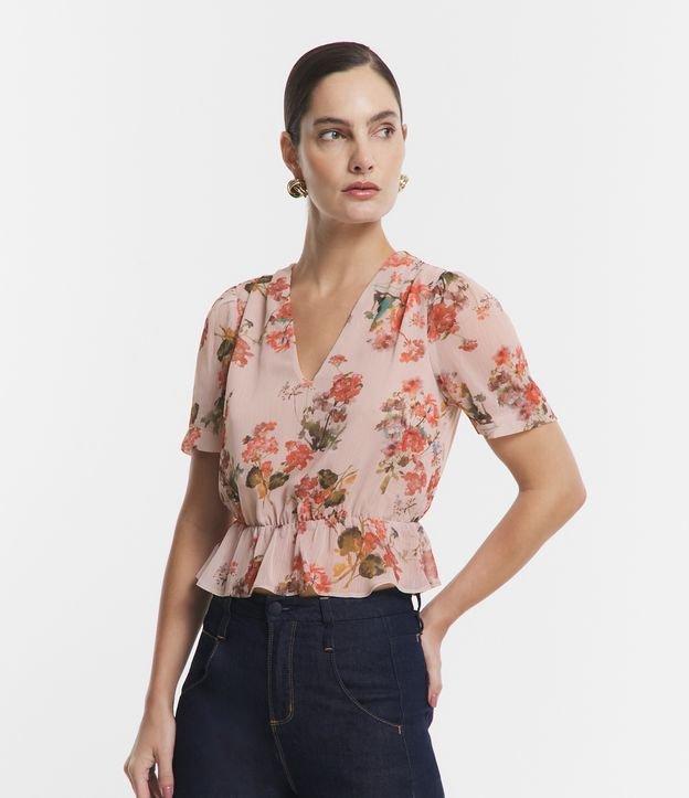 Blusa em Chiffon com Franzido na Barra e Estampa Floral - 1