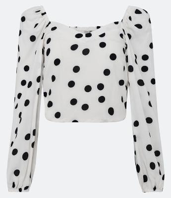 Blusa Cropped em Viscose com Manga Longa e Estampa Poá