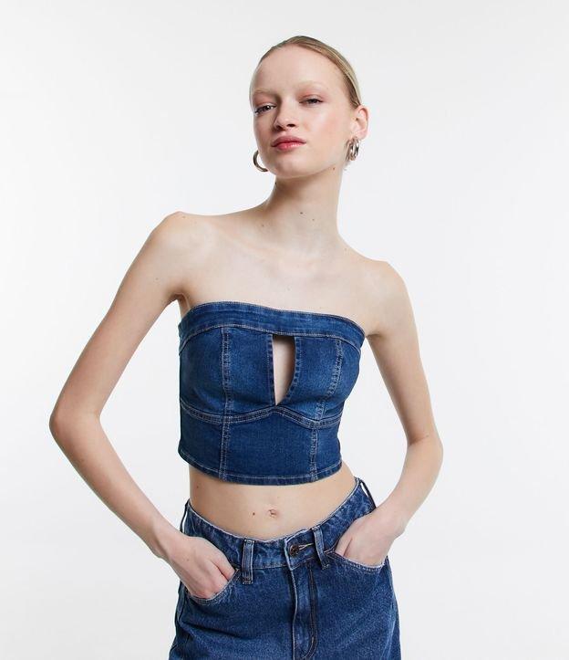 Blusa Cropped Jeans Tomara que Caia com Lastex nas Costas - 1