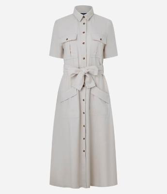 Vestido Midi Manga Curta em Sarja com Amarração e Bolsos