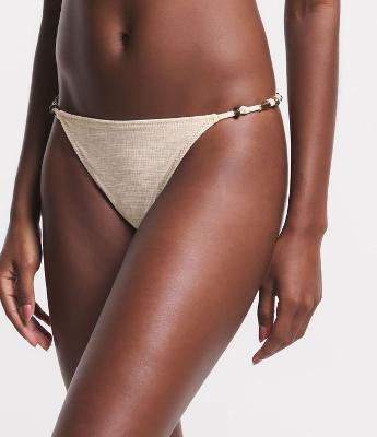 Biquíni Calcinha String em Poliamida com Lateral Detalhada e Estampa Linho