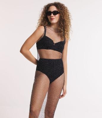 Vestido Midi em Tela com Transparência e Brilhos