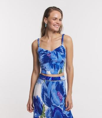 Blusa Cropped Texturizada com Decote Coração e Estampa Floral