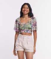 Blusa em Tule com Manga Soltinha e Estampa Étnica - 1