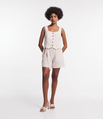 Short Clochard Cintura Alta em Linho Listrado com Amarração por Faixa