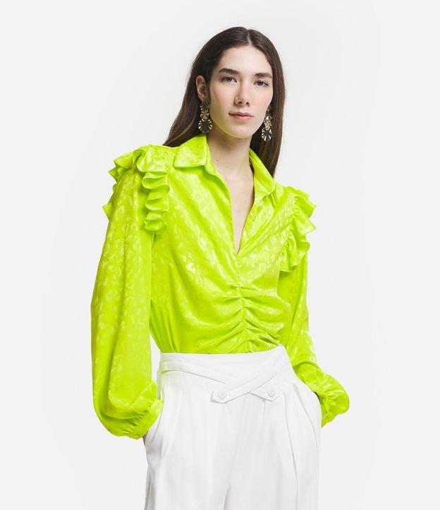 Camisa Manga Longa em Jacquard com Babados e Pintas de Onça no Tecido - 1