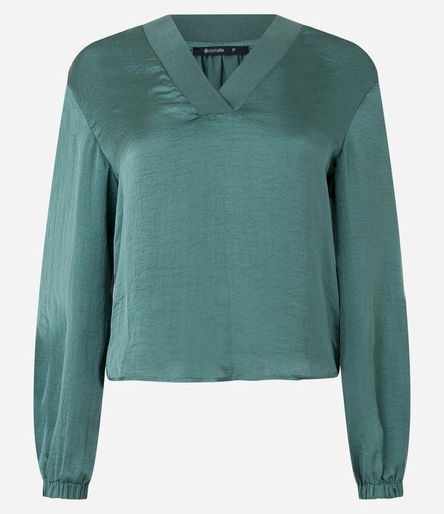 Blusa Acetinada com Decote V e Mangas Bufantes - 1