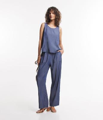 Calça Reta em Jeans com Cós Elástico