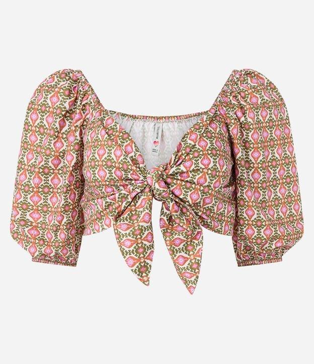 Blusa Cropped em Tricoline com Nózinho e Estampa Abstrata - 2